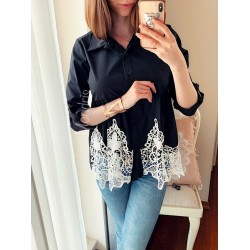 Camasa dama casual eleganta neagra cu broderie alba, nasturi si maneca lunga