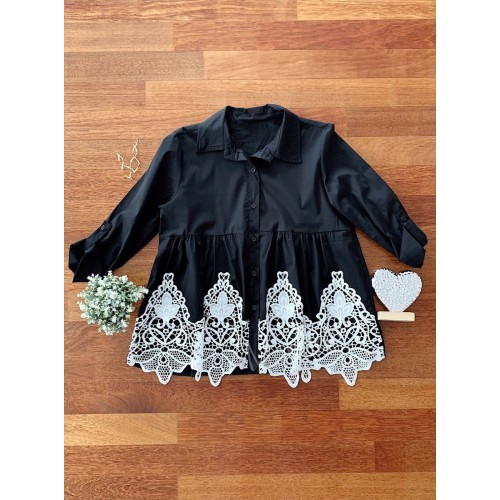 Camasa dama casual eleganta neagra cu broderie alba, nasturi si maneca lunga