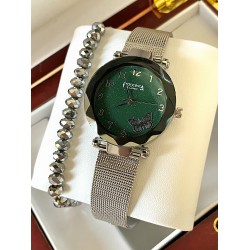 Ceas dama argintiu cu bratara metalica si cadran verde cu fluture mic