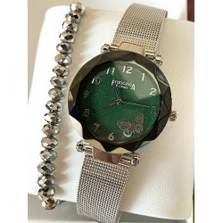 Ceas dama argintiu cu bratara metalica si cadran verde cu fluture mic