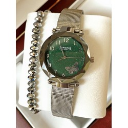 Ceas dama argintiu cu bratara metalica si cadran verde cu fluture mic