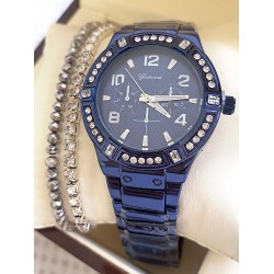 Ceas unisex albastru cu bratara metalica si cadran negru cu cifre arabe