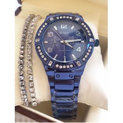 Ceas unisex albastru cu bratara metalica si cadran negru cu cifre arabe