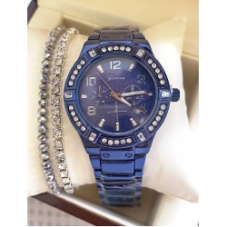 Ceas unisex albastru cu bratara metalica si cadran negru cu cifre arabe
