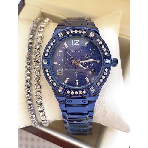 Ceas unisex albastru cu bratara metalica si cadran negru cu cifre arabe
