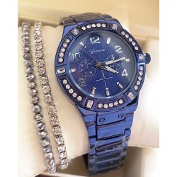 Ceas unisex albastru cu bratara metalica si cadran negru cu cifre arabe