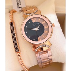 Ceas dama roze cu bratara metalica si cadran cu design negru