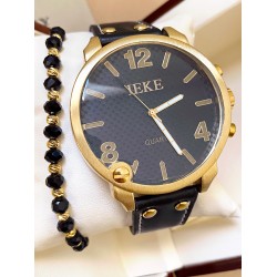 Ceas unisex negru cu bratara din piele ecologica si cadran cu 3 cifre