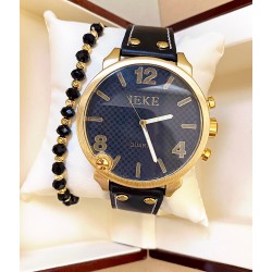 Ceas unisex negru cu bratara din piele ecologica si cadran cu 3 cifre