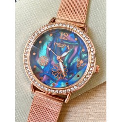 Ceas dama roze cu bratara metalica si cadran albastru cu flori
