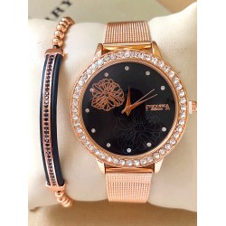 Ceas dama roze cu bratara metalica si cadran negru cu floare