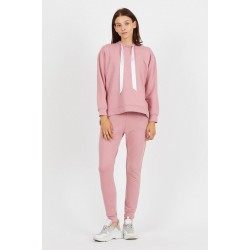 Trening dama casual roz din bumbac cu hanorac cu gluga fashion si panglica satin