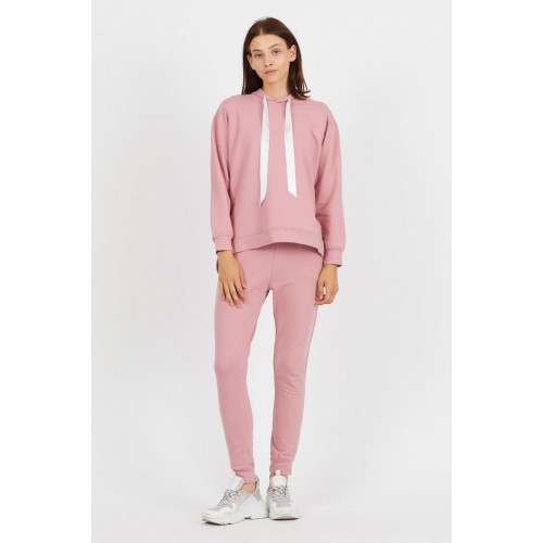 Trening dama casual roz din bumbac cu hanorac cu gluga fashion si panglica satin