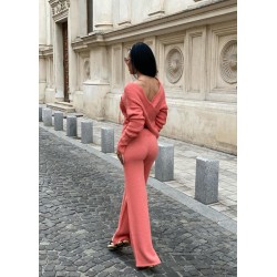 Compleu dama tricot corai format din pantaloni lungi reiati si bluza cu snur