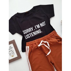 Compleu dama casual COMBO din pantaloni lungi dungi laterale maro + tricou negru sorry