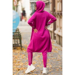 Compleu dama ieftin roz fuchsia cu dungi compus din pantaloni lungi + maieu + cardigan lung