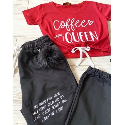 Compleu dama casual COMBO din pantaloni lungi negri cu puf + tricou rosu Coffee Queen