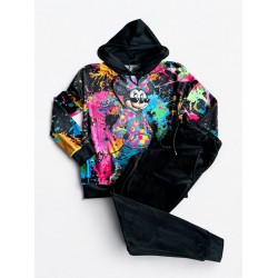 Trening dama din catifea cu pantaloni lungi cu snur si bluza cu gluga imprimeu MINNIE MOUSE roz