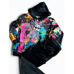 Trening dama din catifea cu pantaloni lungi cu snur si bluza cu gluga imprimeu MINNIE MOUSE roz