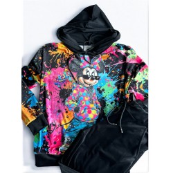 Trening dama din catifea cu pantaloni lungi cu snur si bluza cu gluga imprimeu MINNIE MOUSE roz