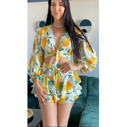 Compleu dama de vara cu imprimeu lamai, elegant si lejer pentru vacanta, terasa sau plimbari de vara
