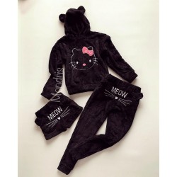 Compleu dama plusat negru compus din trei piese cu model HK minunat pufos