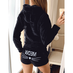 Compleu dama plusat negru compus din trei piese cu model HK minunat pufos