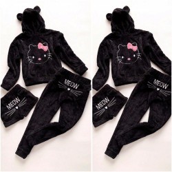 Compleu dama plusat negru compus din trei piese cu model HK minunat pufos