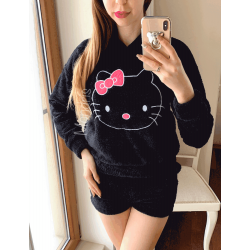 Compleu dama plusat negru compus din trei piese cu model HK minunat pufos