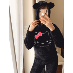 Compleu dama plusat negru compus din trei piese cu model HK minunat pufos