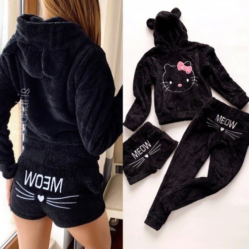 Compleu dama plusat negru compus din trei piese cu model HK minunat pufos