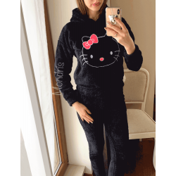 Compleu dama plusat negru compus din trei piese cu model HK minunat pufos