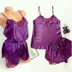 Pijama dama ieftina primavara-vara mov din satin lucios cu model dantelat