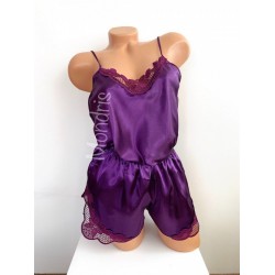 Pijama dama ieftina primavara-vara mov din satin lucios cu model dantelat