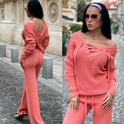 Compleu dama tricot corai format din pantaloni lungi reiati si bluza cu snur