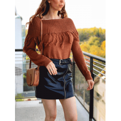 Pulover dama ieftin din tricot maro cu guler larg si franjuri