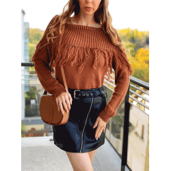 Pulover dama ieftin din tricot maro cu guler larg si franjuri