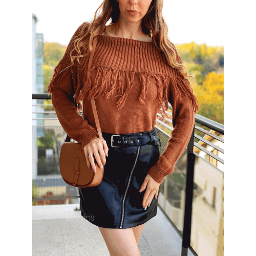 Pulover dama ieftin din tricot maro cu guler larg si franjuri
