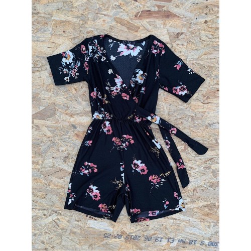Salopeta dama casual de vara confortabila neagra cu imprimeu floral