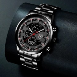 Ceas barbati negru din curea metalica si cu bratara neagra CADOU