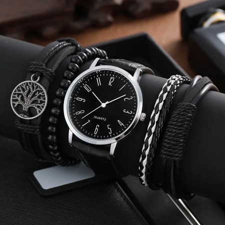 Ceas barbat din curea neagra si 4 bratari CADOU