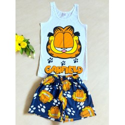 Pijama dama ieftina bumbac primavara vara cu maieu alb si pantaloni scurti bleumarin cu imprimeu GF