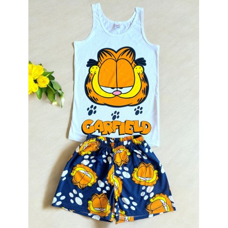  Pijama dama ieftina bumbac primavara vara cu maieu alb si pantaloni scurti bleumarin cu imprimeu GF