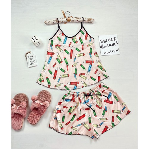 Pijama dama ieftina primavara-vara crem din satin lucios cu imprimeu Creioane