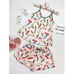 Pijama dama ieftina primavara-vara crem din satin lucios cu imprimeu Creioane