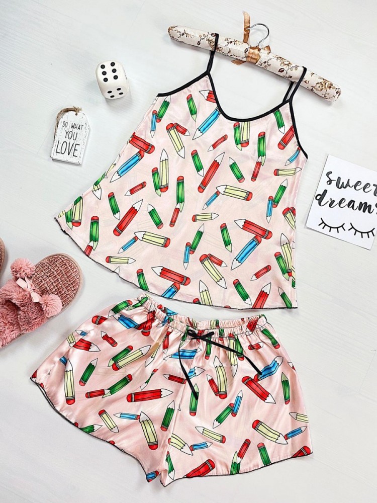 Pijama dama ieftina primavara-vara crem din satin lucios cu imprimeu Creioane