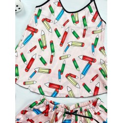 Pijama dama ieftina primavara-vara crem din satin lucios cu imprimeu Creioane