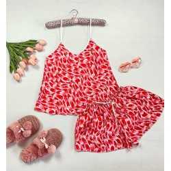 Pijama dama ieftina primavara-vara rosie din satin lucios cu imprimeu mozaic
