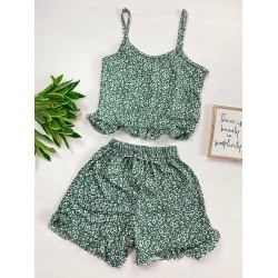 Pijama dama verde ieftina scurta cu maieu cu volanase si imprimeu musetel