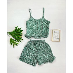 Pijama dama verde ieftina scurta cu maieu cu volanase si imprimeu musetel